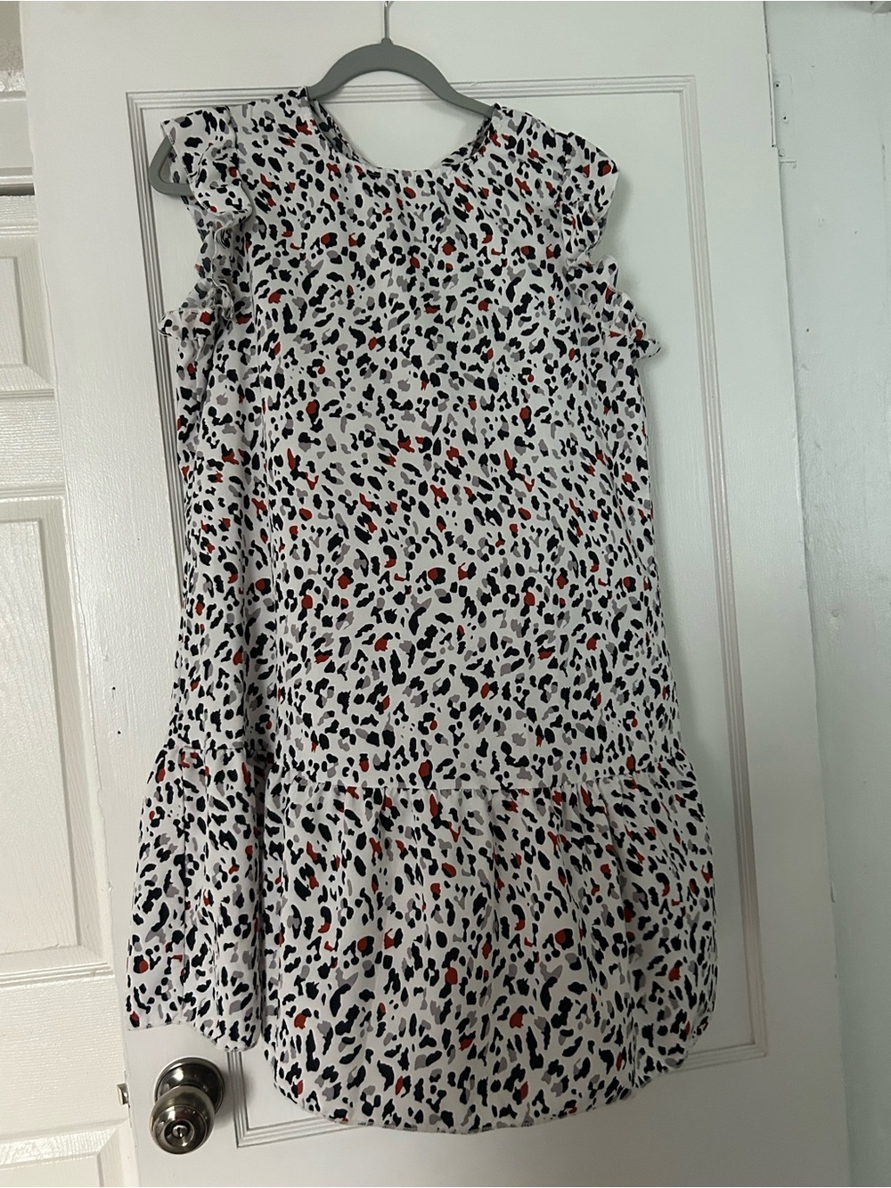 SHEIN White Animal Spot Ruffle Sleeve Dress with Black & Red Accents